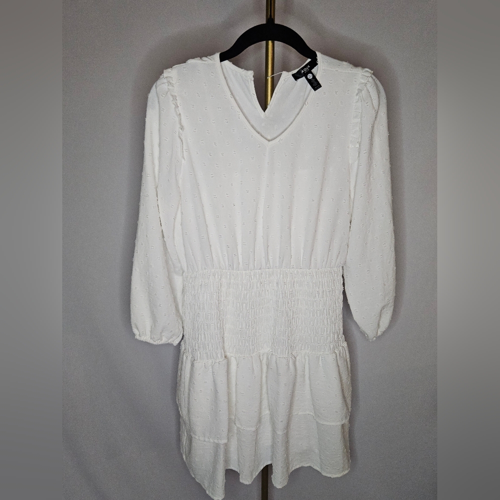 AQUA Girls' Long Sleeve White Clip Dot Tiered Dress